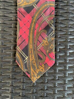 Vintage Burnham Ltd Paisley Plaid Necktie Red Black Gold Men's Tie